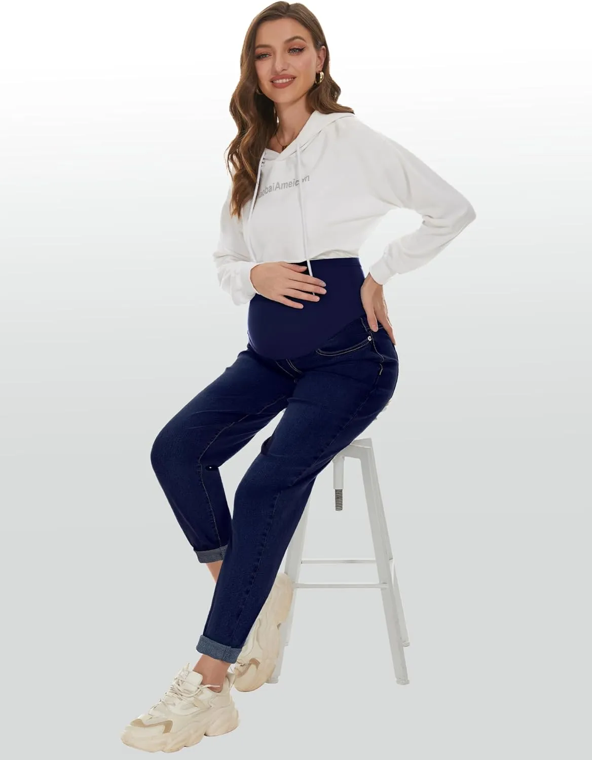 POSHGLAM Women's Maternity Jeans Over Belly Comfy Stretch Boyfriend Jeans Loose Pregnancy Pants, S-XXL