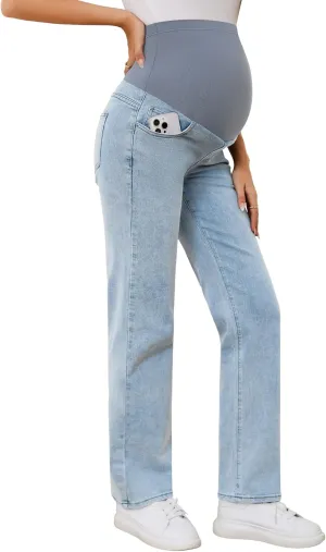 POSHGLAM Women's Maternity Jeans Straight Leg Over Belly Comfy Stretch Denim Pants, S-XXL