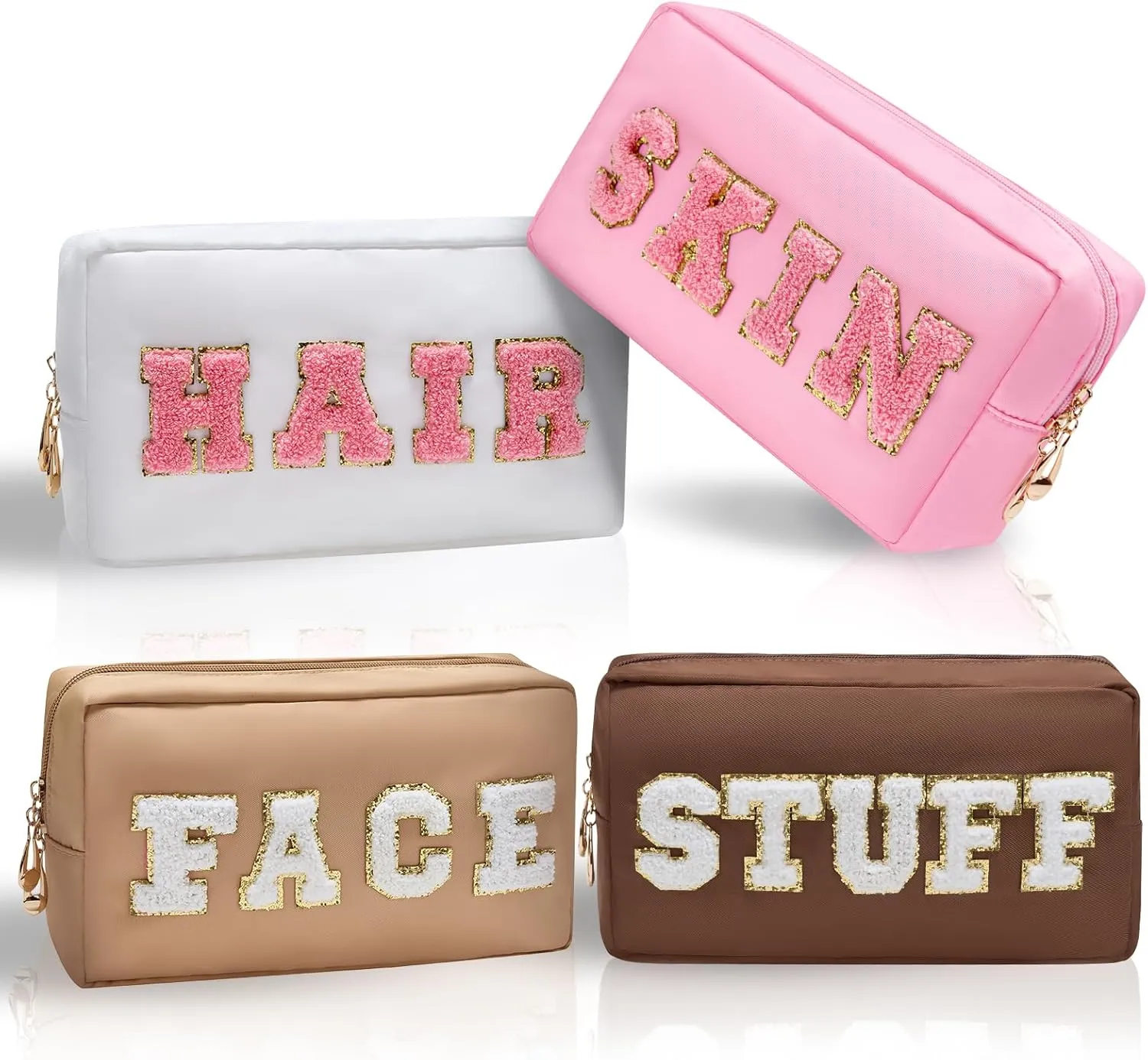 Preppy Makeup Bags Stoney Clover 4 Pcs Travel Organizer Patch Bag Large Varsity Chenille Letter Cosmetic Toiletry Preppy Stuff Cute Bags Portable Pouch Storage Purse Bag Set
