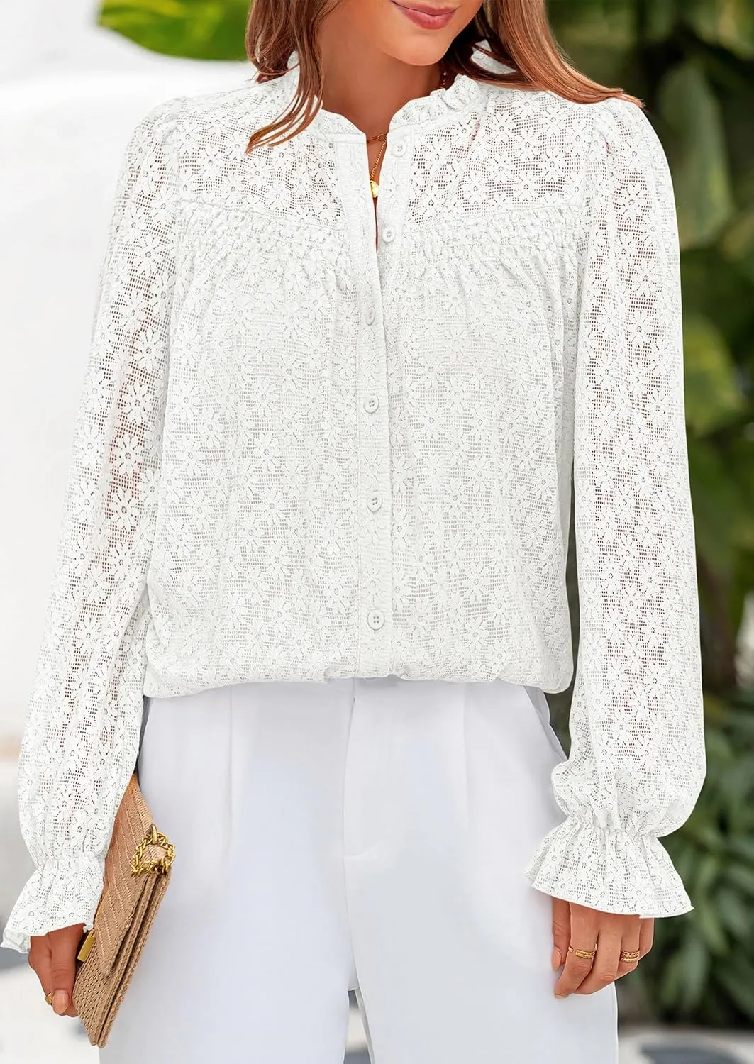 PRETTYGARDEN Lace Long Sleeve Tops for Women Eyelet Blouses Dressy Casual Hollow Out Button Down Shirts Spring Fashion 2025