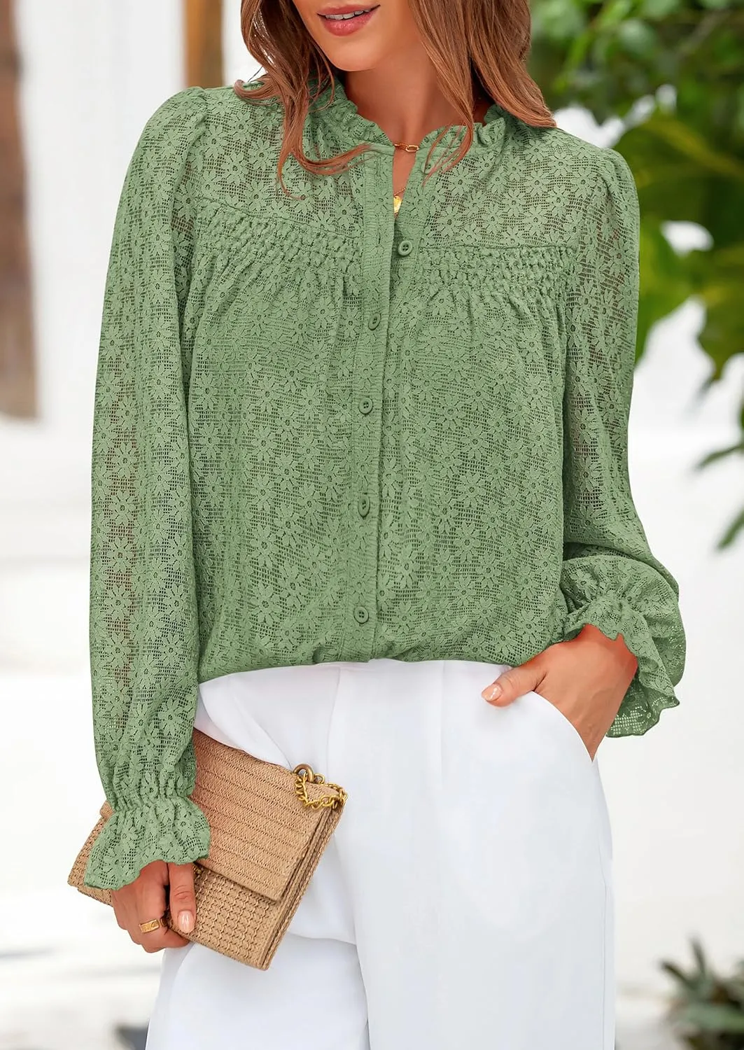PRETTYGARDEN Lace Long Sleeve Tops for Women Eyelet Blouses Dressy Casual Hollow Out Button Down Shirts Spring Fashion 2025