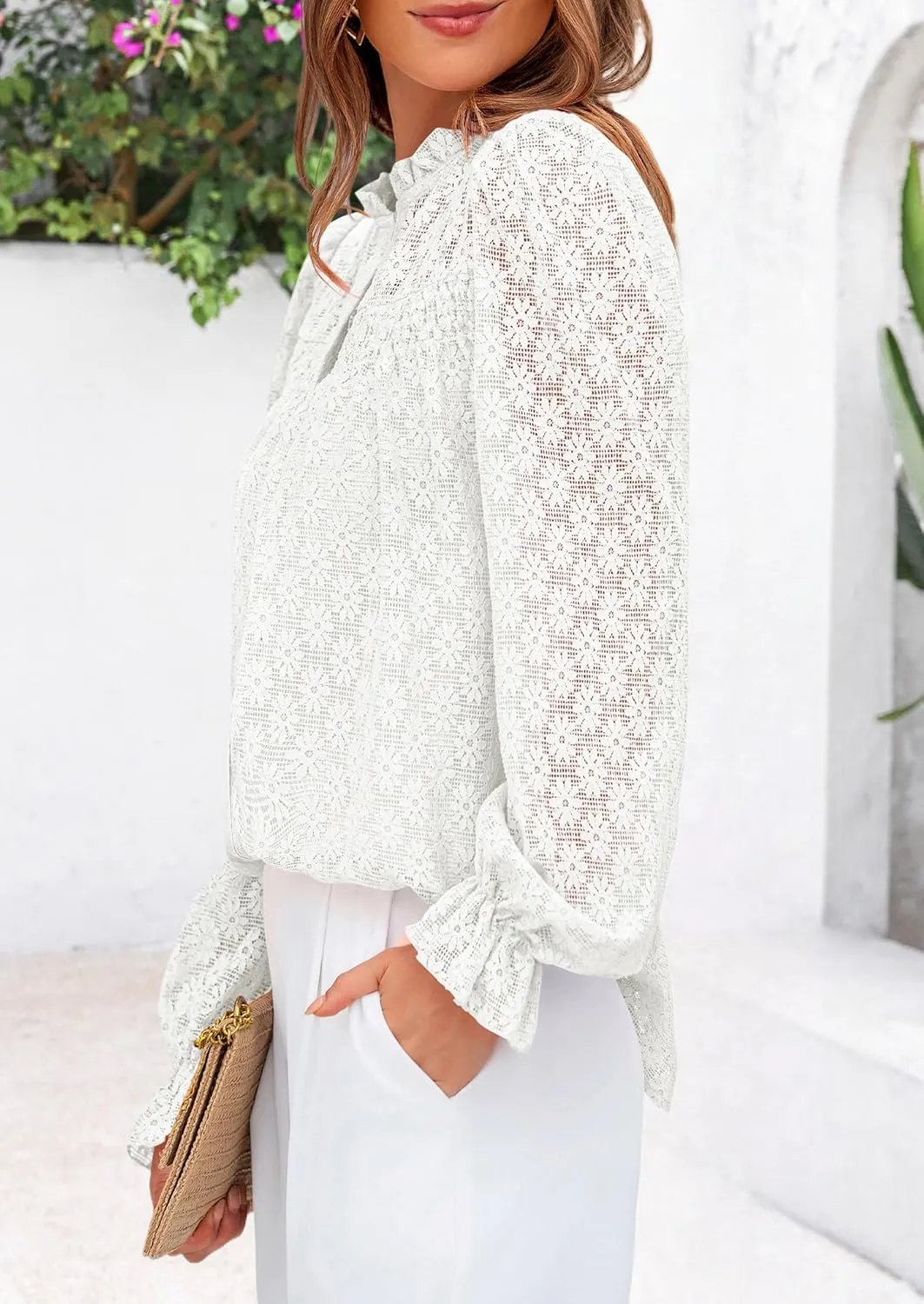 PRETTYGARDEN Lace Long Sleeve Tops for Women Eyelet Blouses Dressy Casual Hollow Out Button Down Shirts Spring Fashion 2025