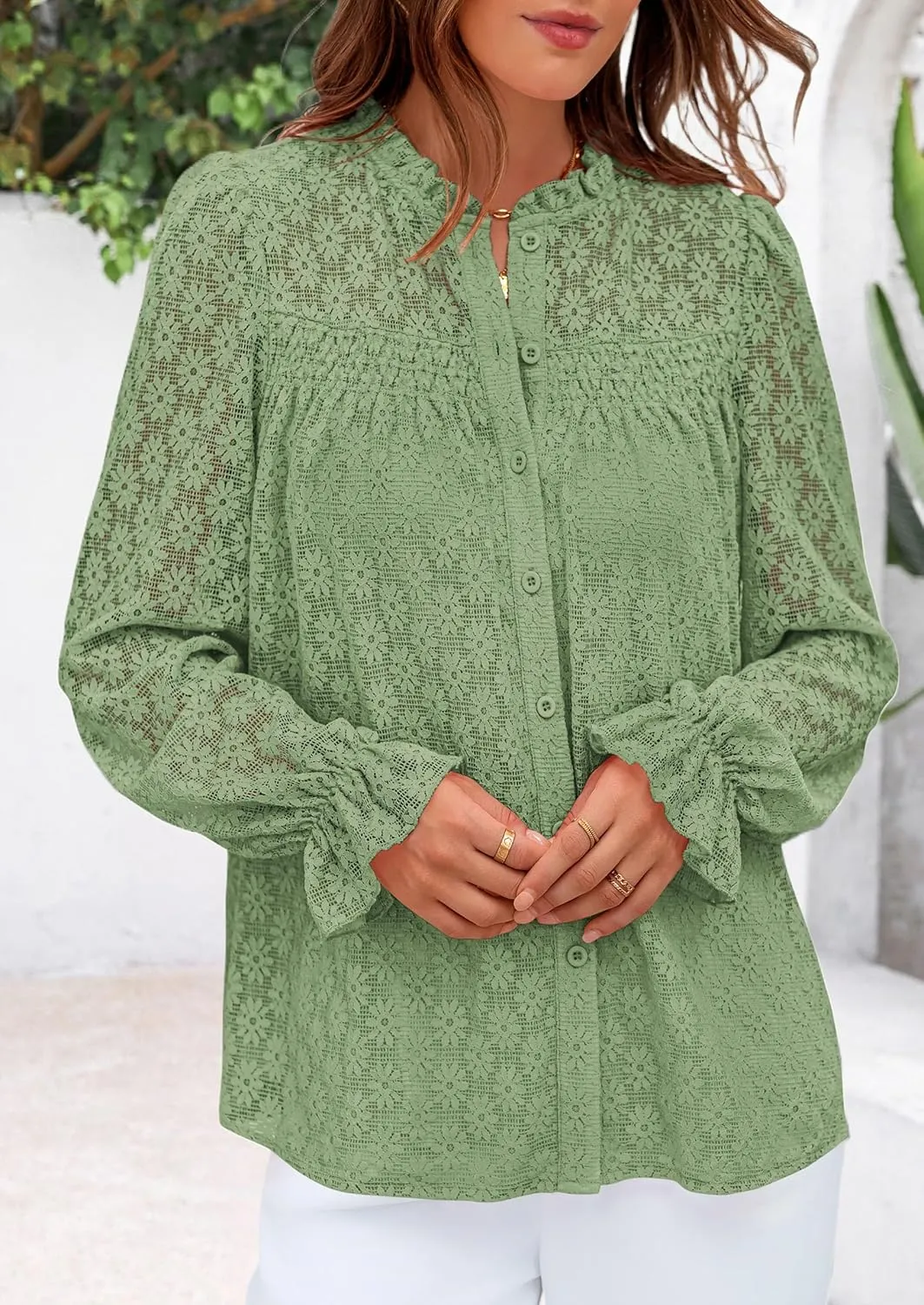 PRETTYGARDEN Lace Long Sleeve Tops for Women Eyelet Blouses Dressy Casual Hollow Out Button Down Shirts Spring Fashion 2025