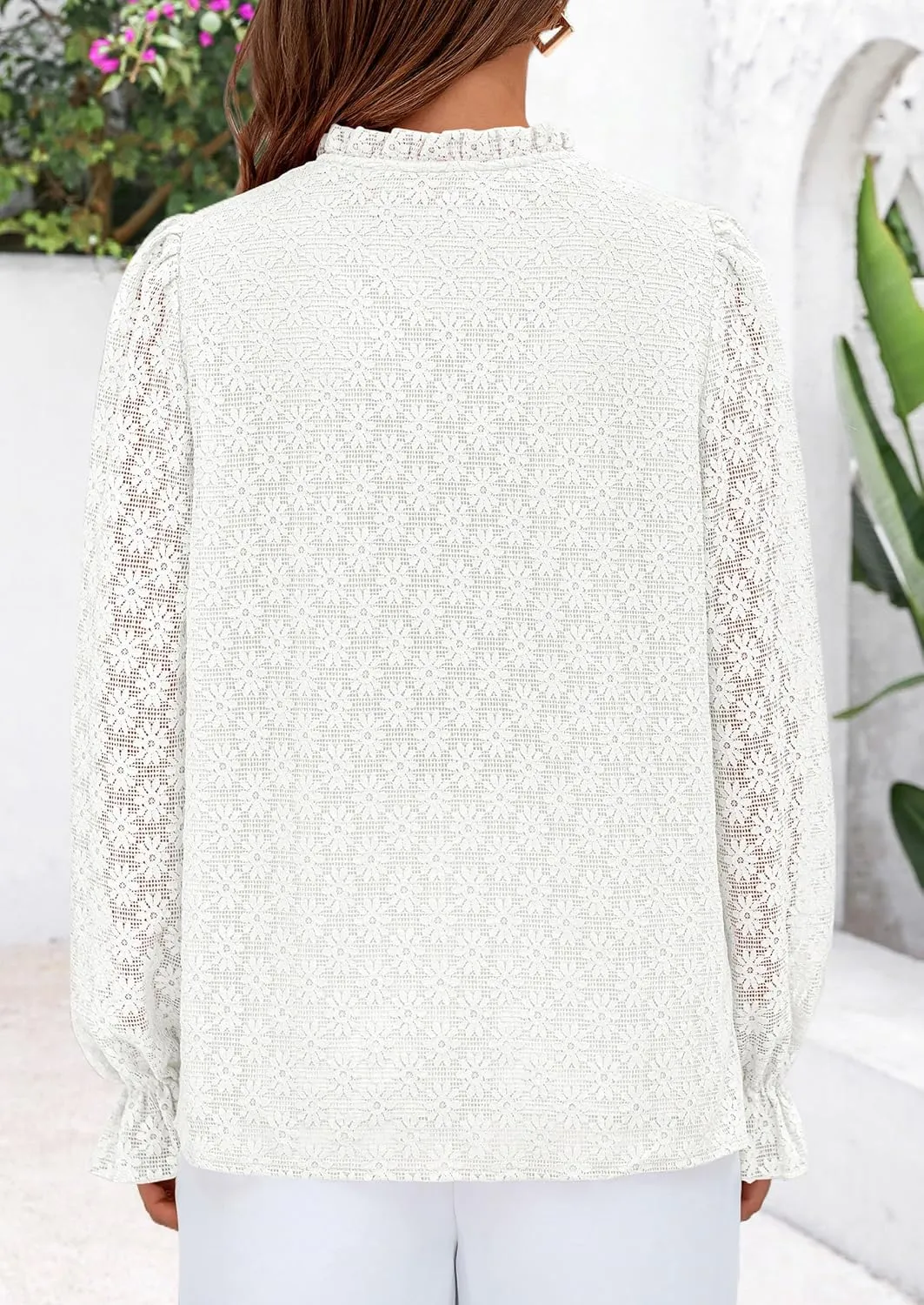 PRETTYGARDEN Lace Long Sleeve Tops for Women Eyelet Blouses Dressy Casual Hollow Out Button Down Shirts Spring Fashion 2025