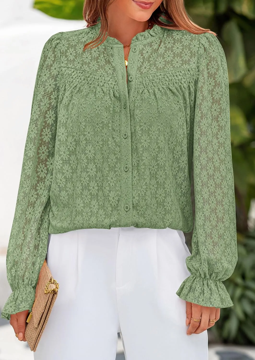 PRETTYGARDEN Lace Long Sleeve Tops for Women Eyelet Blouses Dressy Casual Hollow Out Button Down Shirts Spring Fashion 2025