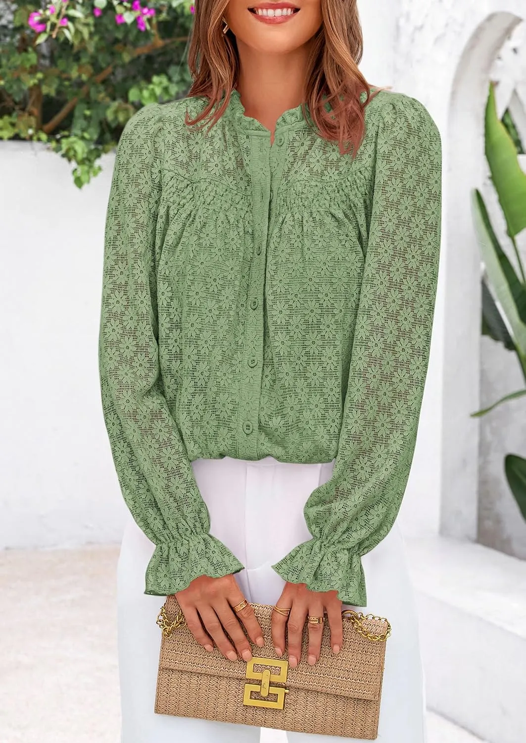 PRETTYGARDEN Lace Long Sleeve Tops for Women Eyelet Blouses Dressy Casual Hollow Out Button Down Shirts Spring Fashion 2025