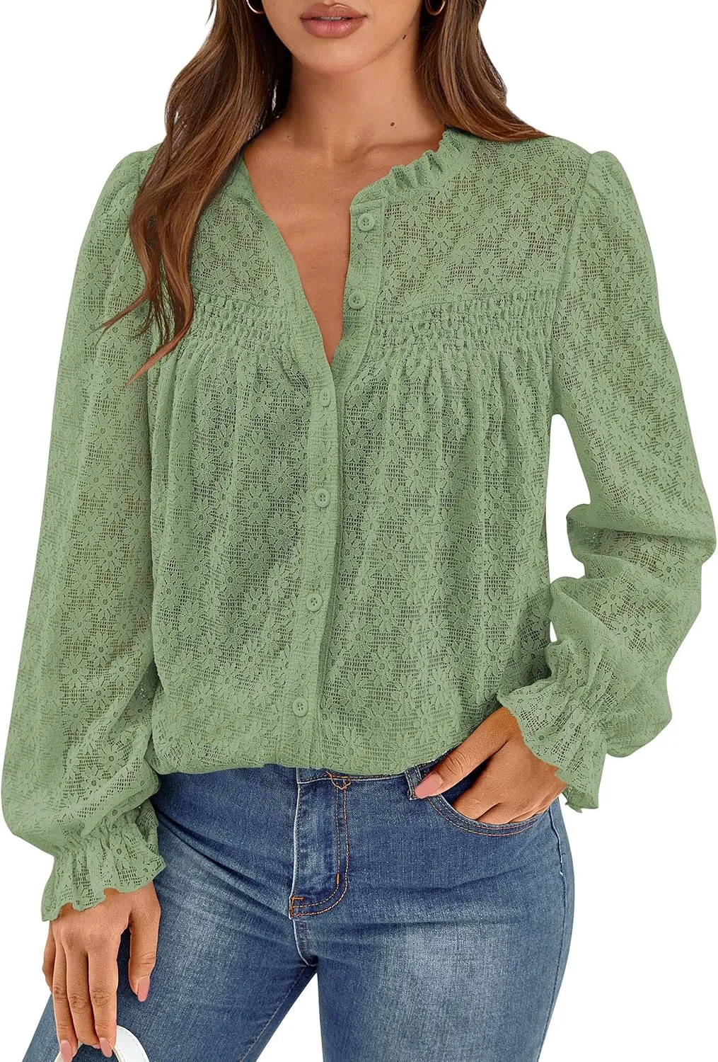 PRETTYGARDEN Lace Long Sleeve Tops for Women Eyelet Blouses Dressy Casual Hollow Out Button Down Shirts Spring Fashion 2025
