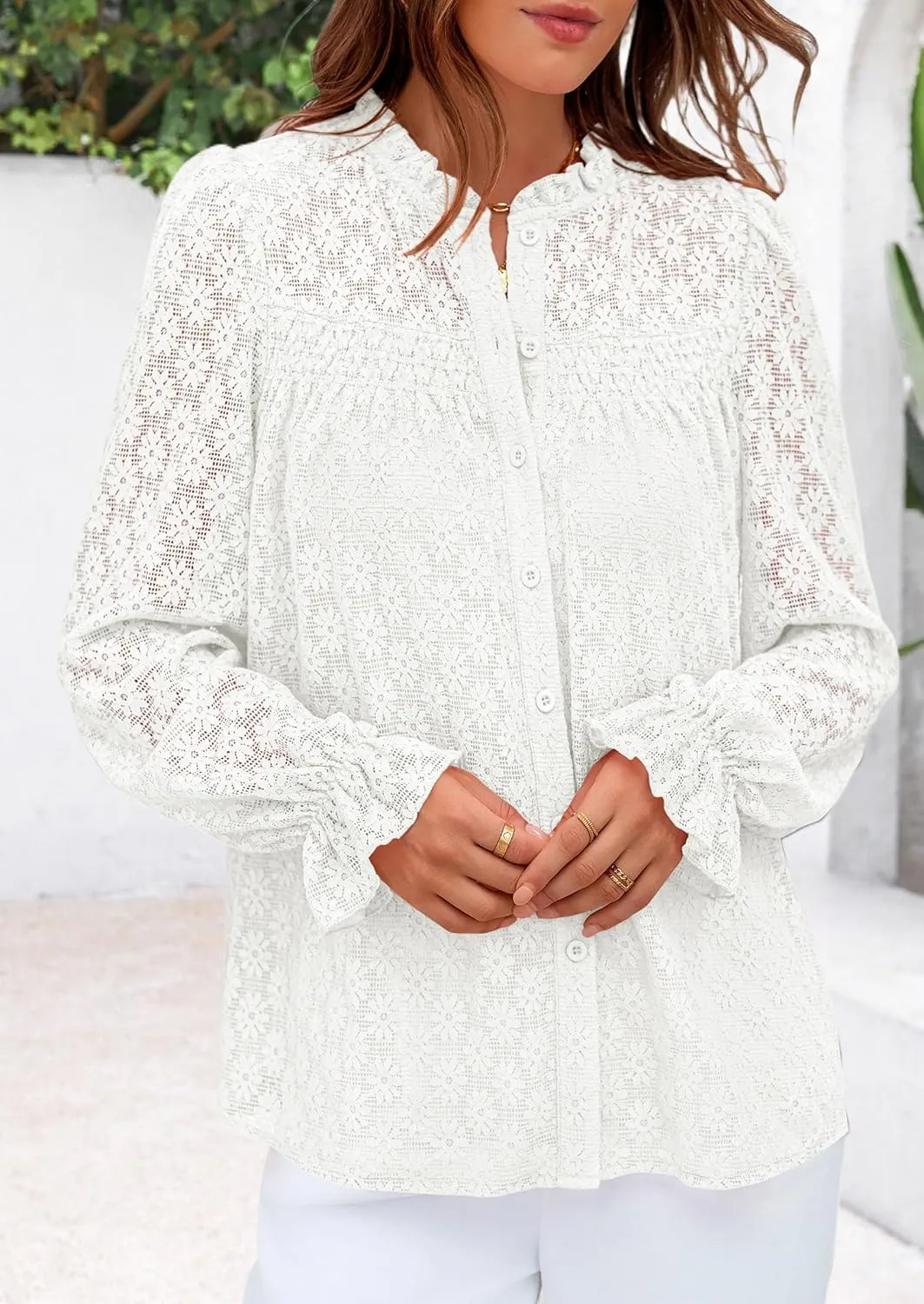 PRETTYGARDEN Lace Long Sleeve Tops for Women Eyelet Blouses Dressy Casual Hollow Out Button Down Shirts Spring Fashion 2025