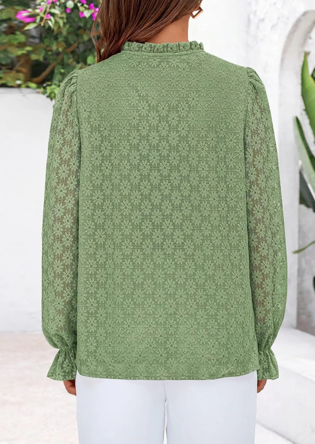 PRETTYGARDEN Lace Long Sleeve Tops for Women Eyelet Blouses Dressy Casual Hollow Out Button Down Shirts Spring Fashion 2025