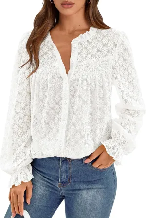 PRETTYGARDEN Lace Long Sleeve Tops for Women Eyelet Blouses Dressy Casual Hollow Out Button Down Shirts Spring Fashion 2025