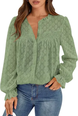 PRETTYGARDEN Lace Long Sleeve Tops for Women Eyelet Blouses Dressy Casual Hollow Out Button Down Shirts Spring Fashion 2025