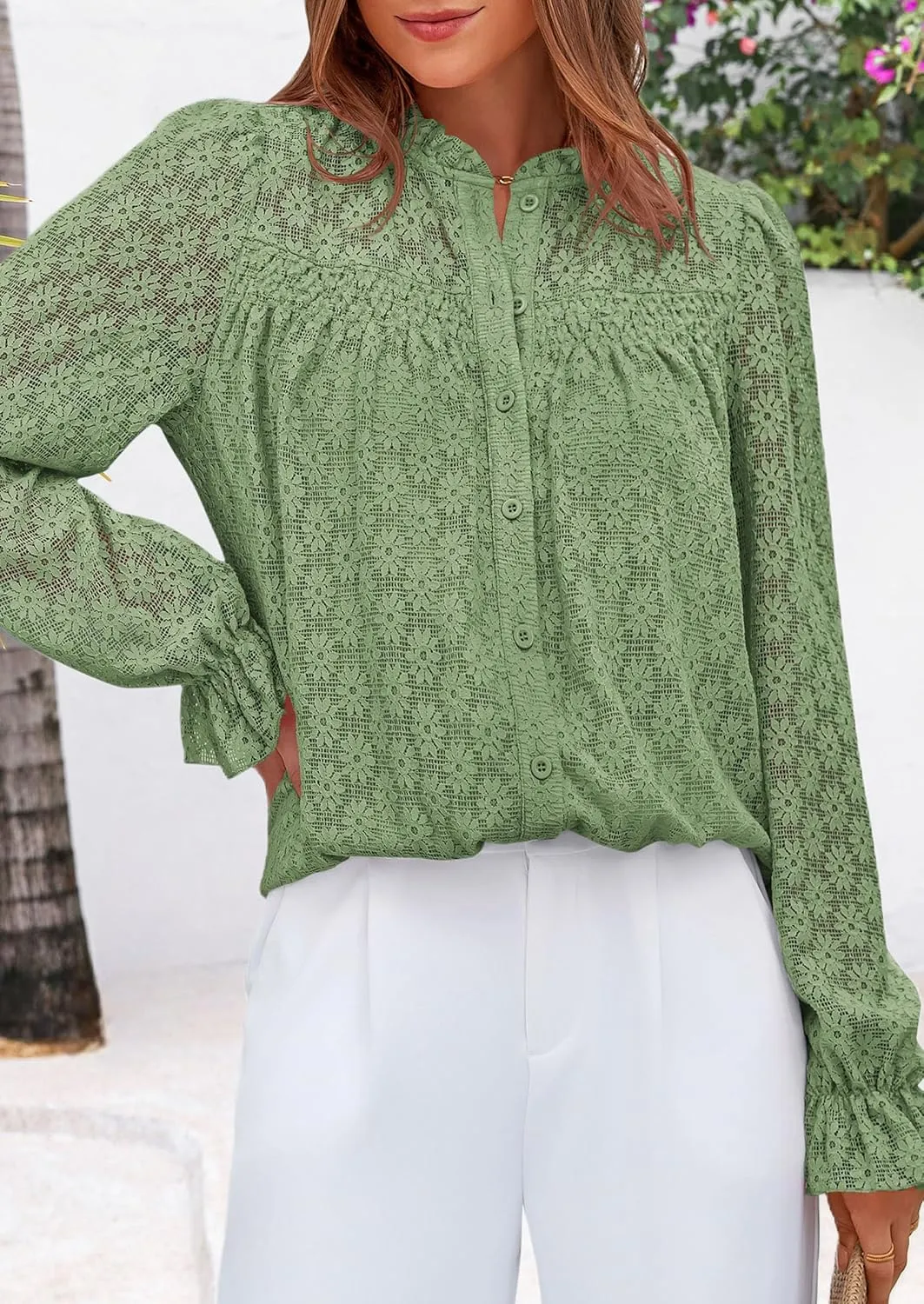 PRETTYGARDEN Lace Long Sleeve Tops for Women Eyelet Blouses Dressy Casual Hollow Out Button Down Shirts Spring Fashion 2025