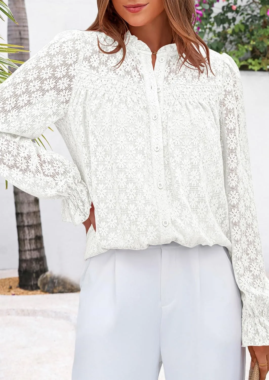 PRETTYGARDEN Lace Long Sleeve Tops for Women Eyelet Blouses Dressy Casual Hollow Out Button Down Shirts Spring Fashion 2025