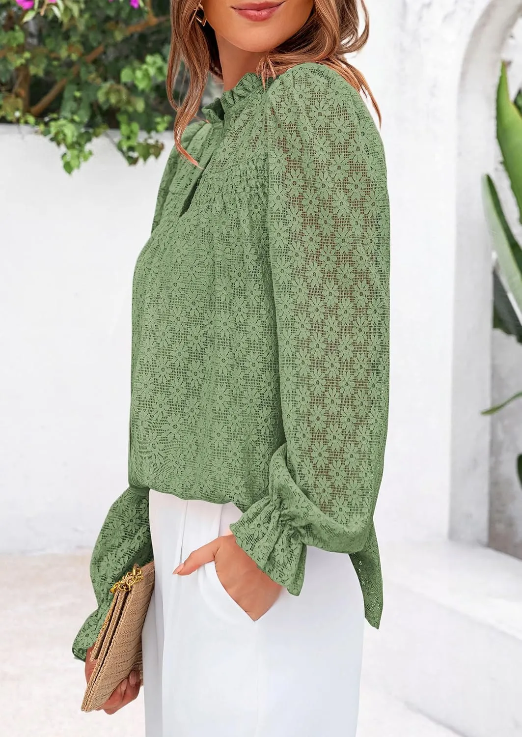 PRETTYGARDEN Lace Long Sleeve Tops for Women Eyelet Blouses Dressy Casual Hollow Out Button Down Shirts Spring Fashion 2025