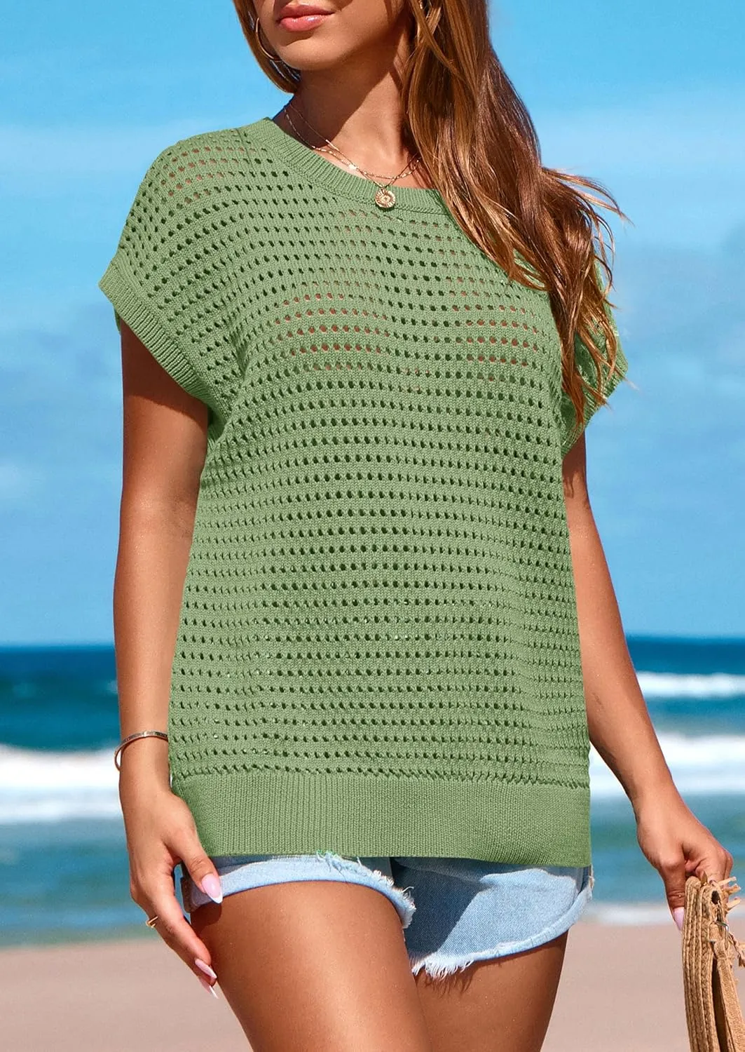 PRETTYGARDEN Womens Spring Tops 2025 Summer Shirts Crochet Cap Sleeve Sweater Pullover Cute Beach Vacation Clothes