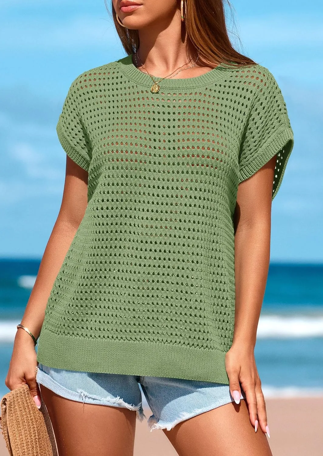 PRETTYGARDEN Womens Spring Tops 2025 Summer Shirts Crochet Cap Sleeve Sweater Pullover Cute Beach Vacation Clothes