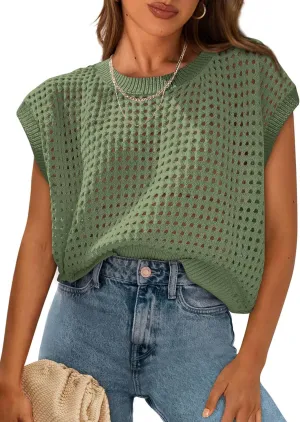 PRETTYGARDEN Womens Spring Tops 2025 Summer Shirts Crochet Cap Sleeve Sweater Pullover Cute Beach Vacation Clothes