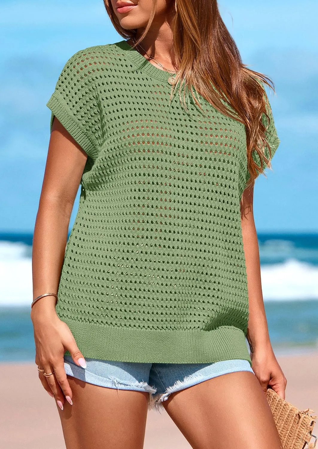 PRETTYGARDEN Womens Spring Tops 2025 Summer Shirts Crochet Cap Sleeve Sweater Pullover Cute Beach Vacation Clothes