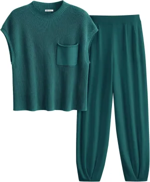 PRETTYGARDEN Womens Two Piece Outfits Sweater Sets Knit Pullover Tops And High Waisted Pants Matching Tracksuit Sweatsuit Set