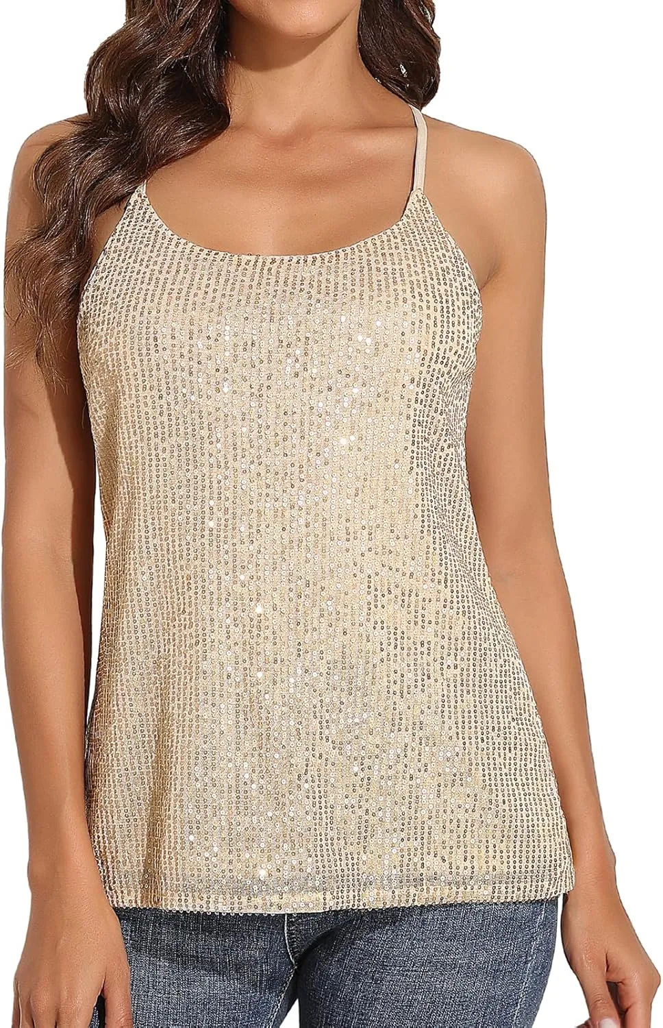 PrettyGuide Women's All Over Sequin Top Shimmer Strappy Camisole Sparkly Tank Tops Party Shirts