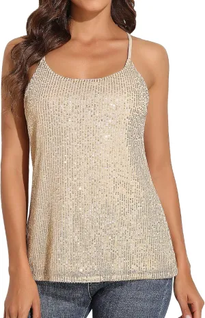 PrettyGuide Women's All Over Sequin Top Shimmer Strappy Camisole Sparkly Tank Tops Party Shirts