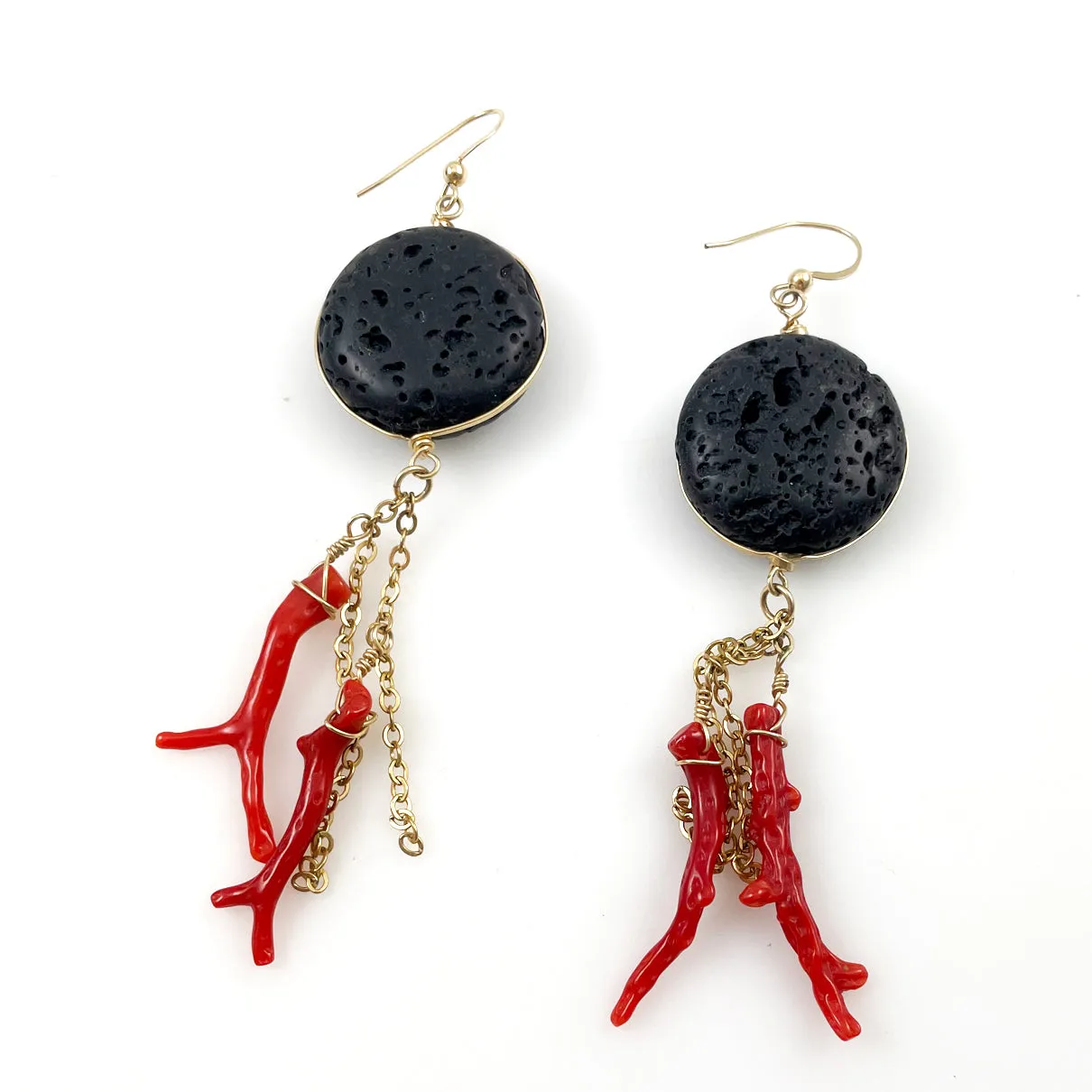 Red Branch Coral & Black Lava Earrings Gold Filled