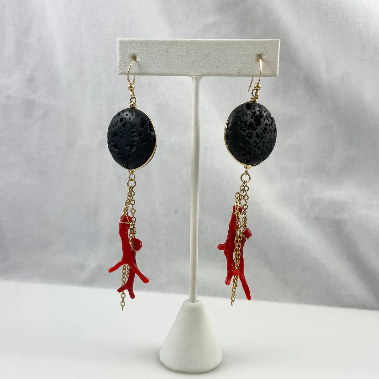 Red Branch Coral & Black Lava Earrings Gold Filled