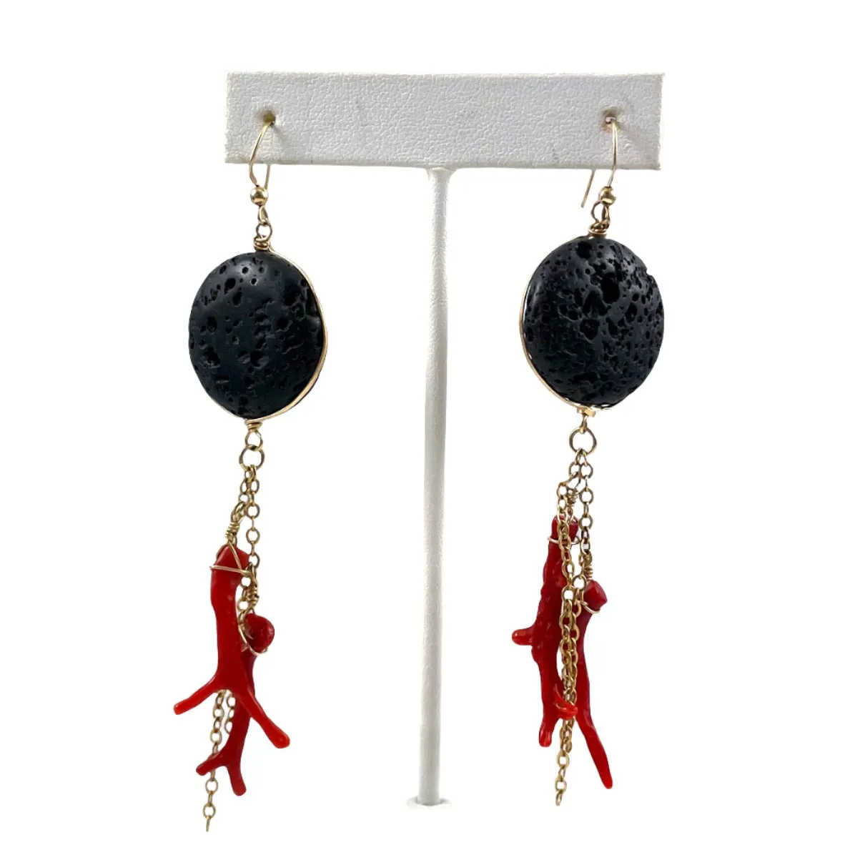 Red Branch Coral & Black Lava Earrings Gold Filled
