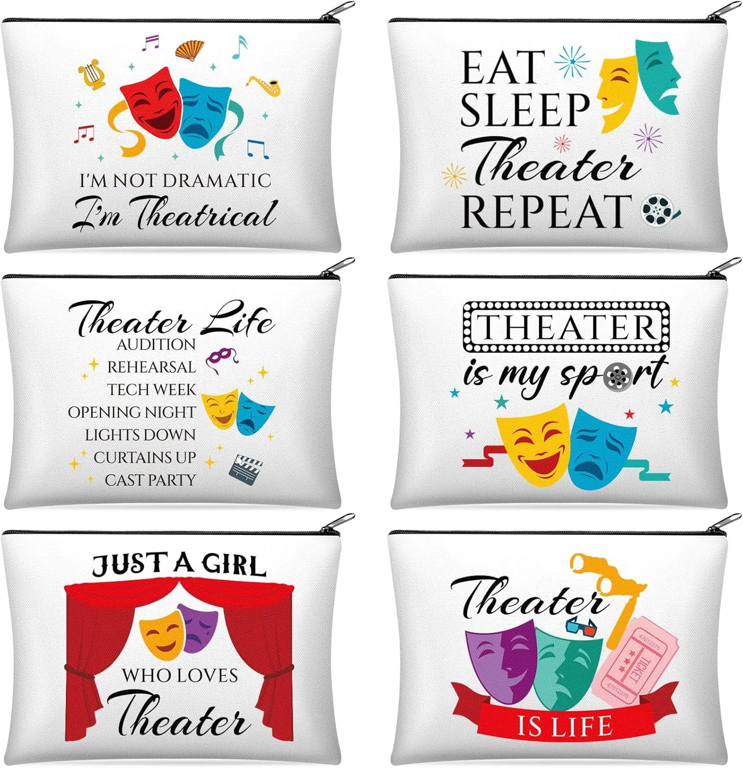 Reginary 6 Pcs Theatre Makeup Bags Musical Theater Gifts for Women Theatre Zipper Cosmetic Bag Broadway Gifts for Theater Actors and Lovers