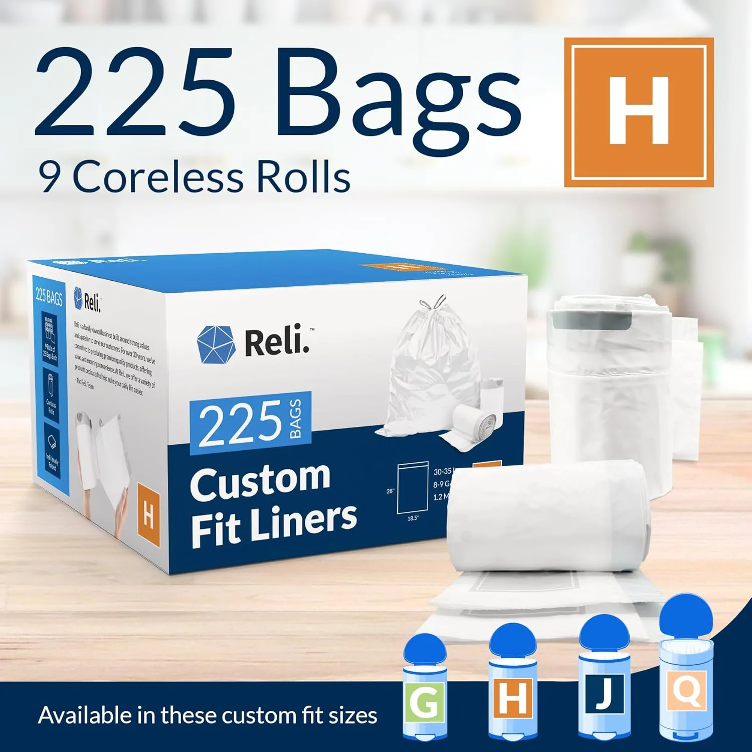 Reli. Custom Fit H Trash Bags (225 Count) Fits Simplehuman Code H Bags 30-35 L, 8-9 Gal | Drawstring Trashbag | White 8 Gallon Trashbags Drawstring | 18.5x28" (9 Rolls) 1.2 Mil