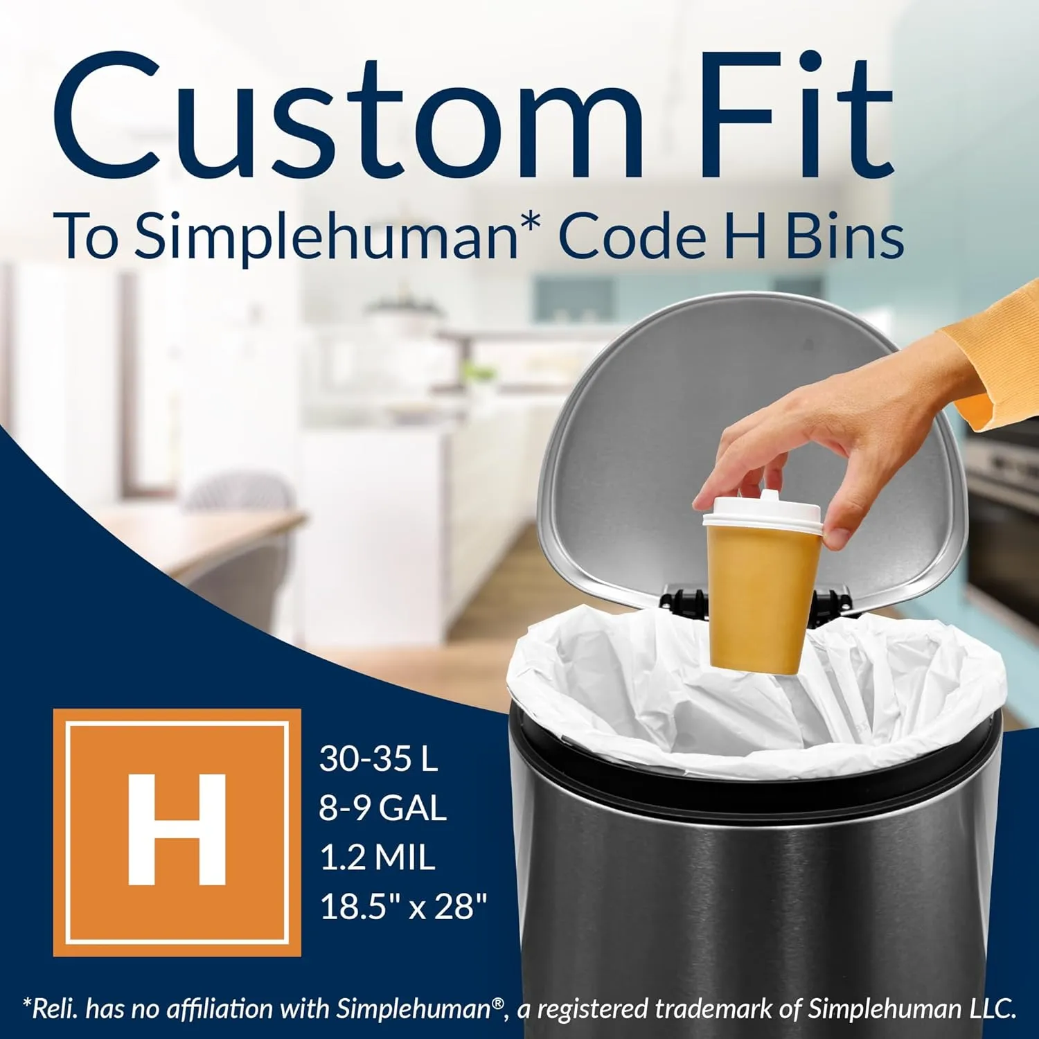 Reli. Custom Fit H Trash Bags (225 Count) Fits Simplehuman Code H Bags 30-35 L, 8-9 Gal | Drawstring Trashbag | White 8 Gallon Trashbags Drawstring | 18.5x28" (9 Rolls) 1.2 Mil