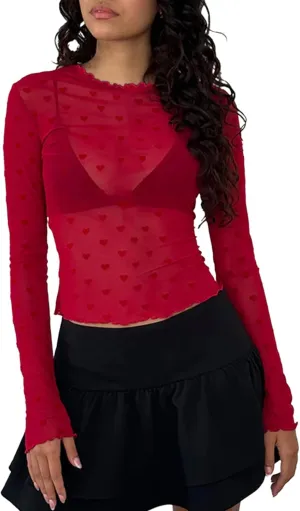 Remidoo Women's Mesh Top Tie Dye Sexy Sheer Long Sleeve Crop Tops Shirt