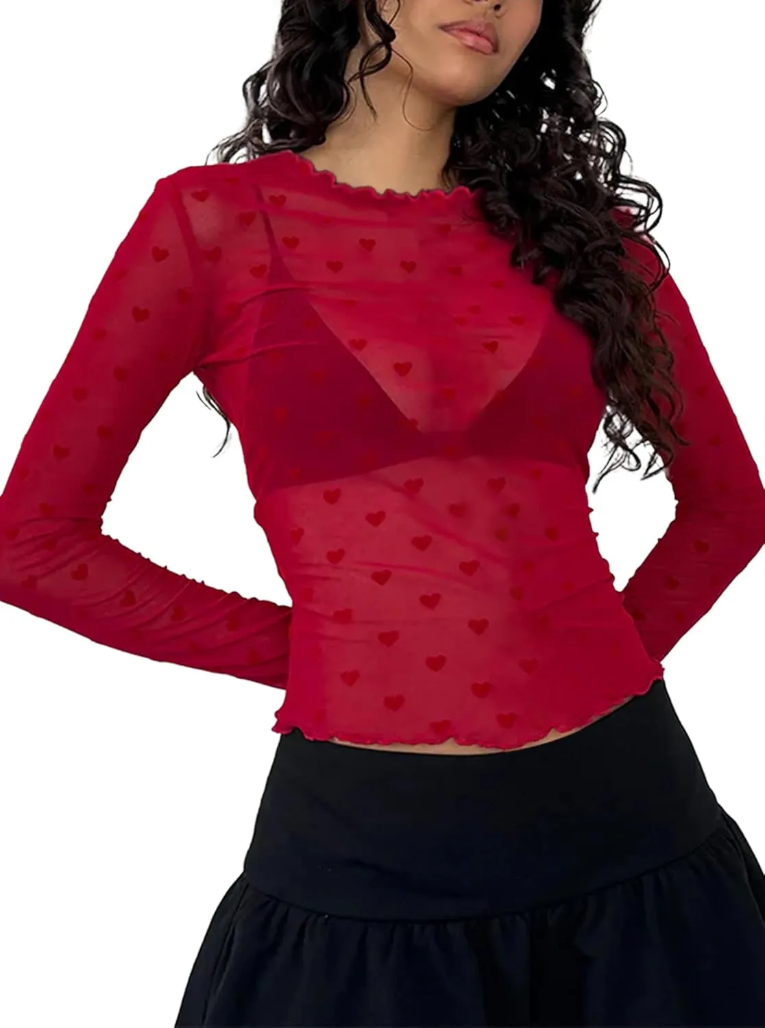 Remidoo Women's Mesh Top Tie Dye Sexy Sheer Long Sleeve Crop Tops Shirt