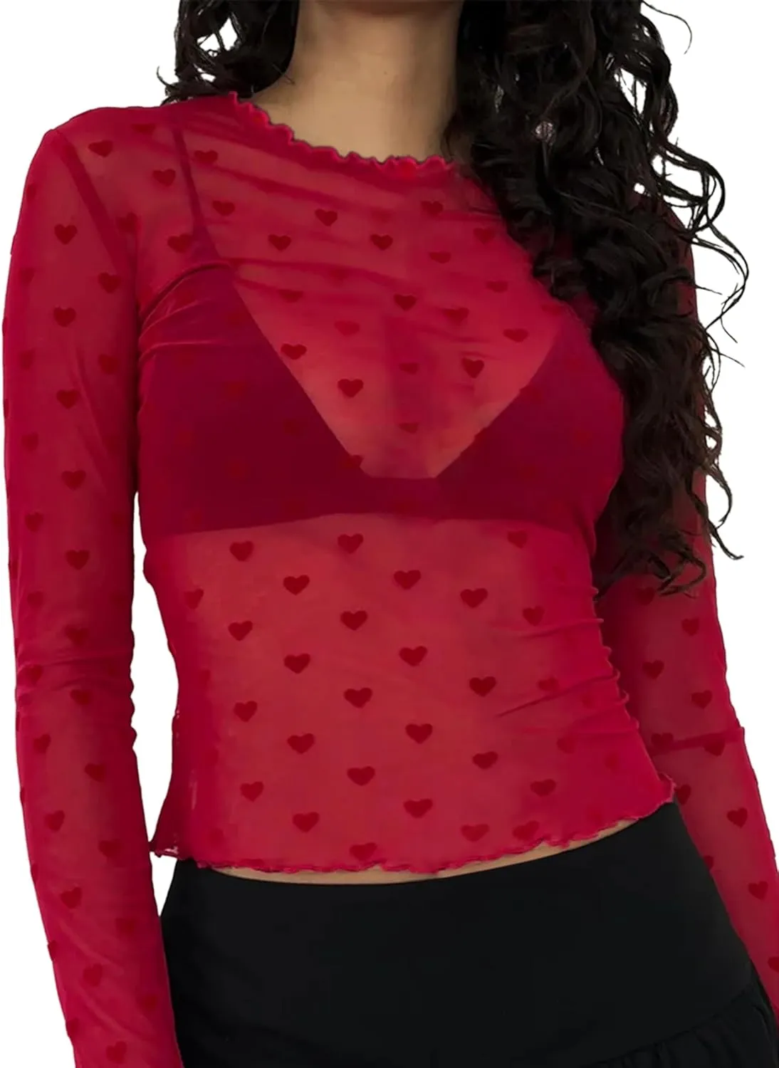 Remidoo Women's Mesh Top Tie Dye Sexy Sheer Long Sleeve Crop Tops Shirt