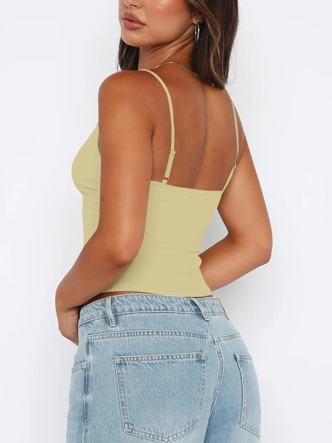 REORIA Butsmooth Womens Sexy V-Neck Sleeveless Double Lined Going Out Y2K Trendy Cami Shirt Cropped Tank Tops