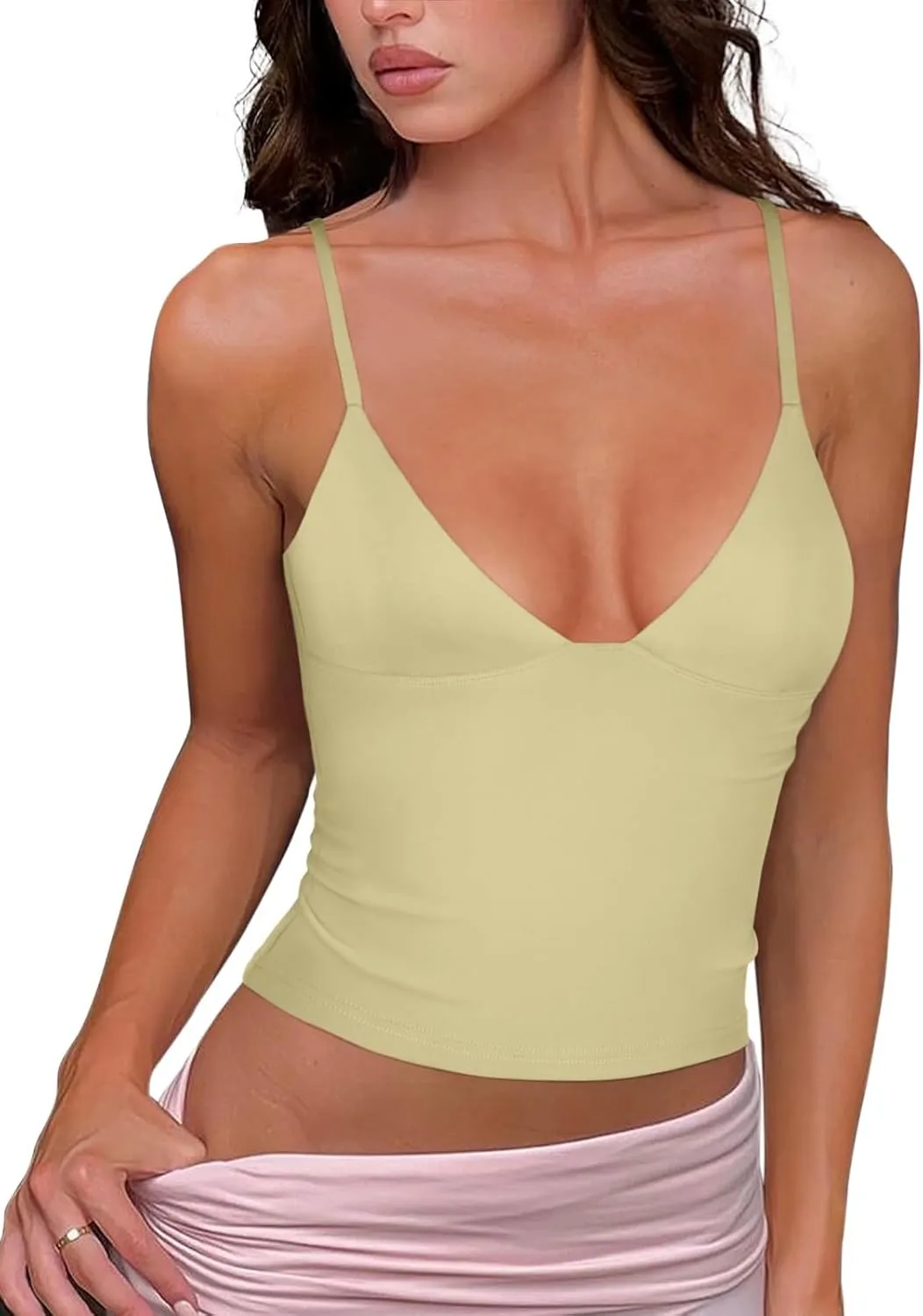 REORIA Butsmooth Womens Sexy V-Neck Sleeveless Double Lined Going Out Y2K Trendy Cami Shirt Cropped Tank Tops