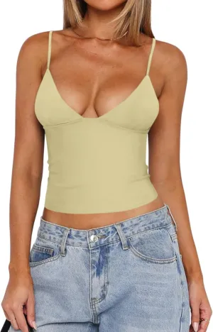 REORIA Butsmooth Womens Sexy V-Neck Sleeveless Double Lined Going Out Y2K Trendy Cami Shirt Cropped Tank Tops