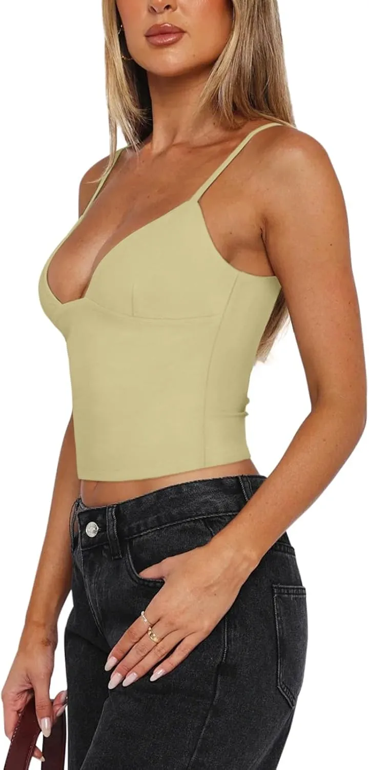 REORIA Butsmooth Womens Sexy V-Neck Sleeveless Double Lined Going Out Y2K Trendy Cami Shirt Cropped Tank Tops