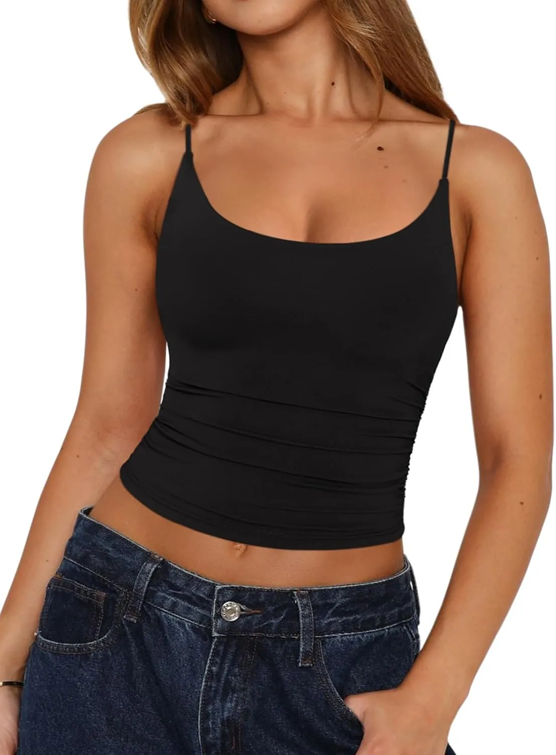 REORIA Women's Sexy Scoop Neck Tank Top Summer Sleeveless Cute Y2K Cami Tops Basic Going Out Crop Shirt