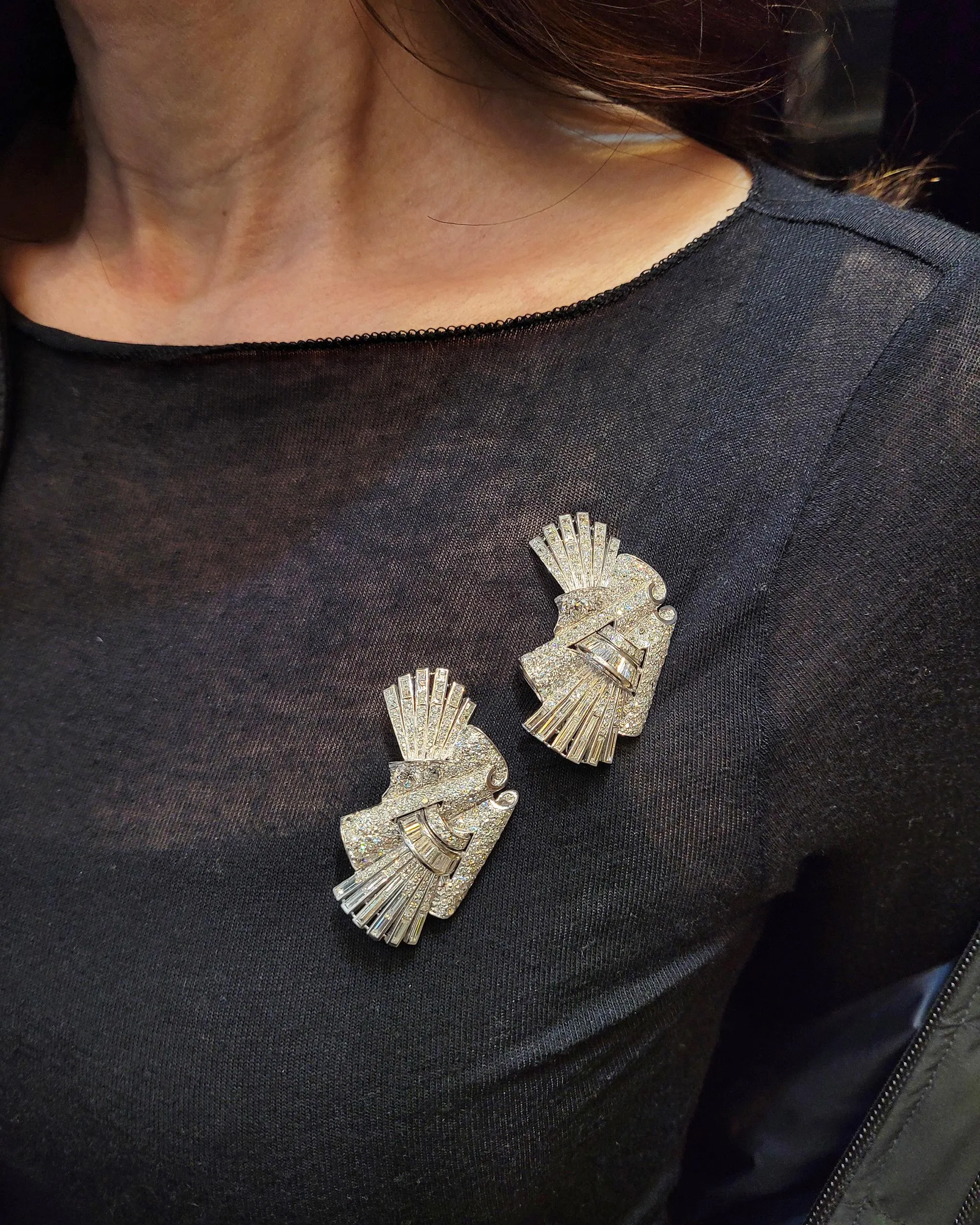 Retro Art Deco Diamond Double Clip Convertible Brooch