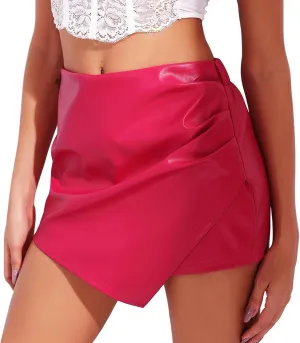 RIOJOY Women's Faux Leather Shorts High Waist Short Skirt Asymmetrical Ruched Wrap Skorts Skirts