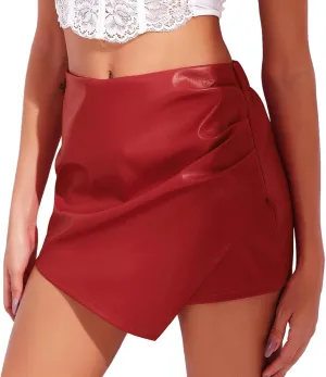RIOJOY Women's Faux Leather Shorts High Waist Short Skirt Asymmetrical Ruched Wrap Skorts Skirts