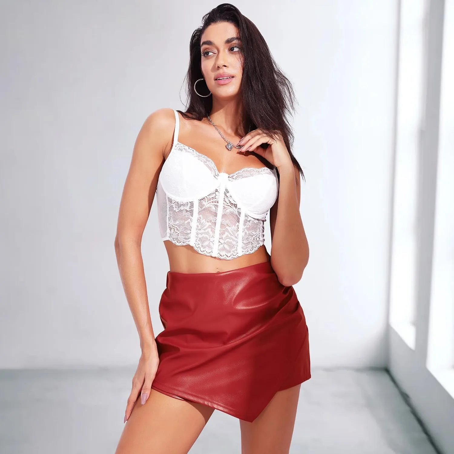 RIOJOY Women's Faux Leather Shorts High Waist Short Skirt Asymmetrical Ruched Wrap Skorts Skirts