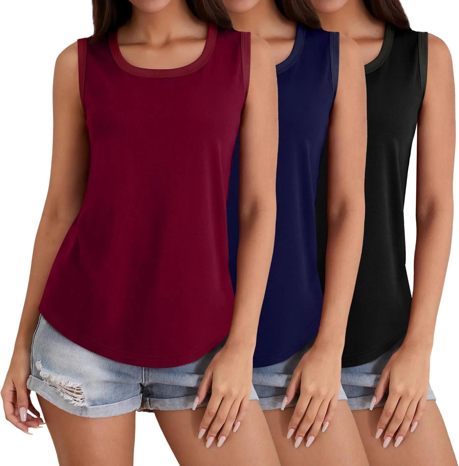 Riyiper 3 Pack Women's Tank Tops Sleeveless Tunic Shirts Cotton Loose Scoop Neck 2025 Summer Beach Vacation Clothes