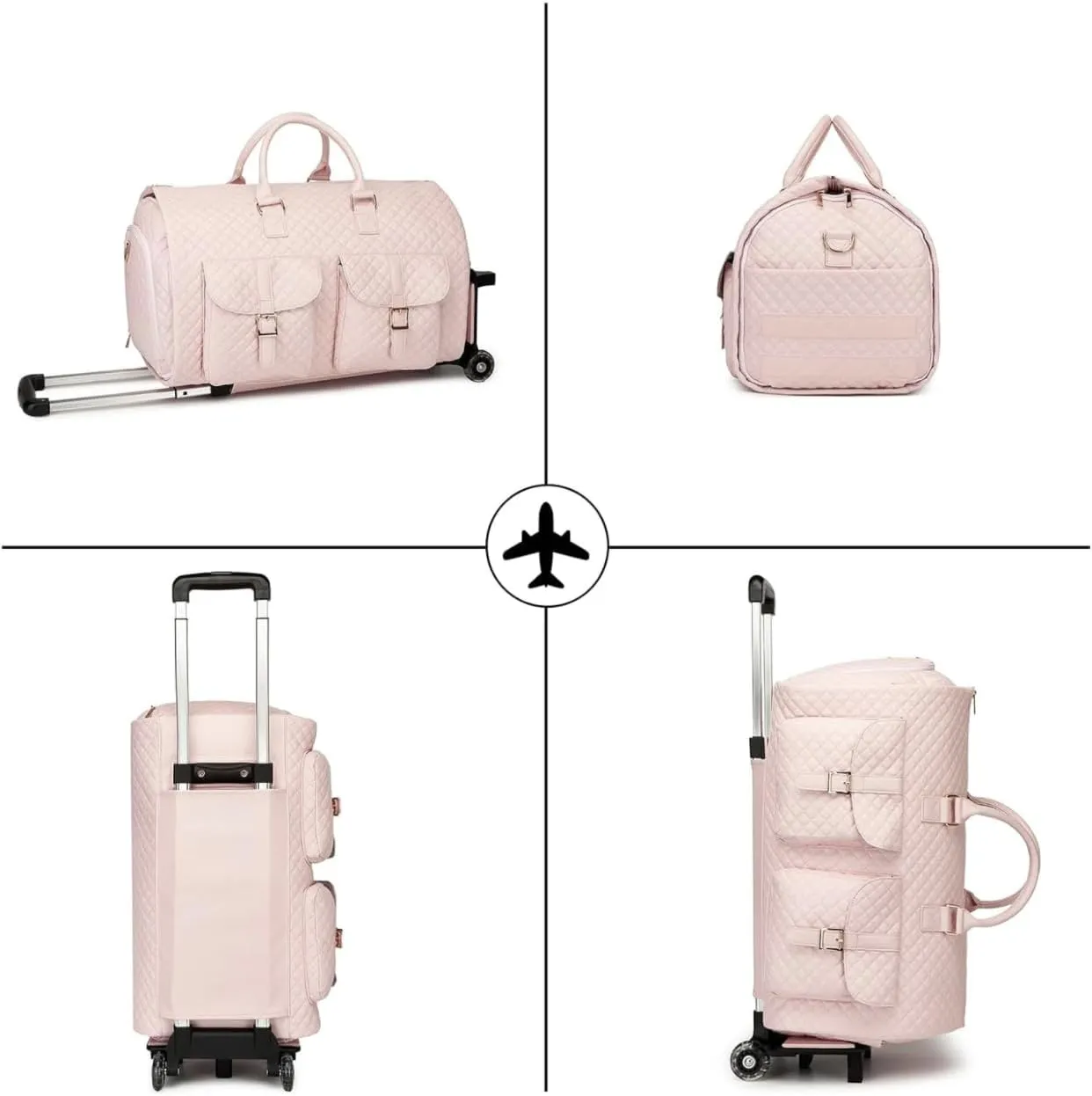 Rolling duffle bag with wheels,convertible garment bags for travel,Hospital delivery package large duffle Handle Shoe Campartment Rolling,carry on garment bag for suits,Fitness training bag (pink)