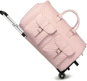 Rolling duffle bag with wheels,convertible garment bags for travel,Hospital delivery package large duffle Handle Shoe Campartment Rolling,carry on garment bag for suits,Fitness training bag (pink)