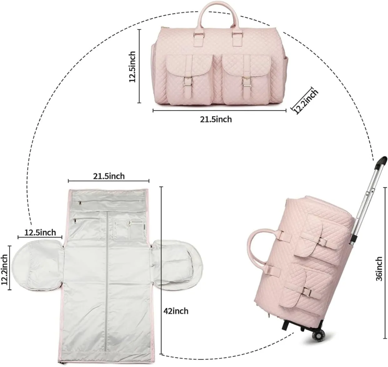 Rolling duffle bag with wheels,convertible garment bags for travel,Hospital delivery package large duffle Handle Shoe Campartment Rolling,carry on garment bag for suits,Fitness training bag (pink)