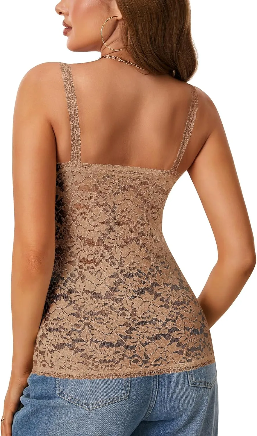 Rooscier Women's Floral Lace Sheer Sleeveless Strap See Through Slim Sexy Cami Tank Top Without Bra