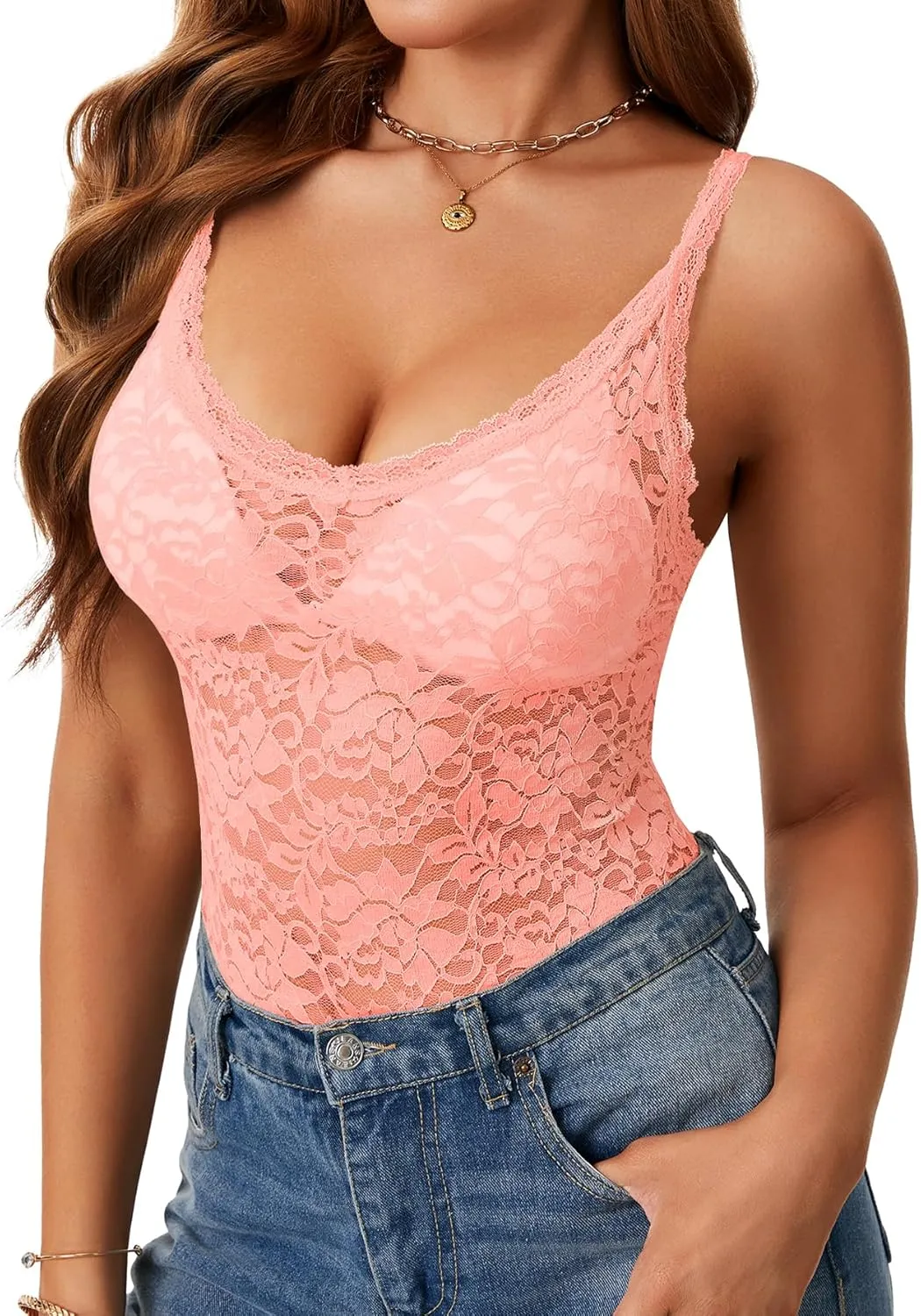 Rooscier Women's Floral Lace Sheer Sleeveless Strap See Through Slim Sexy Cami Tank Top Without Bra