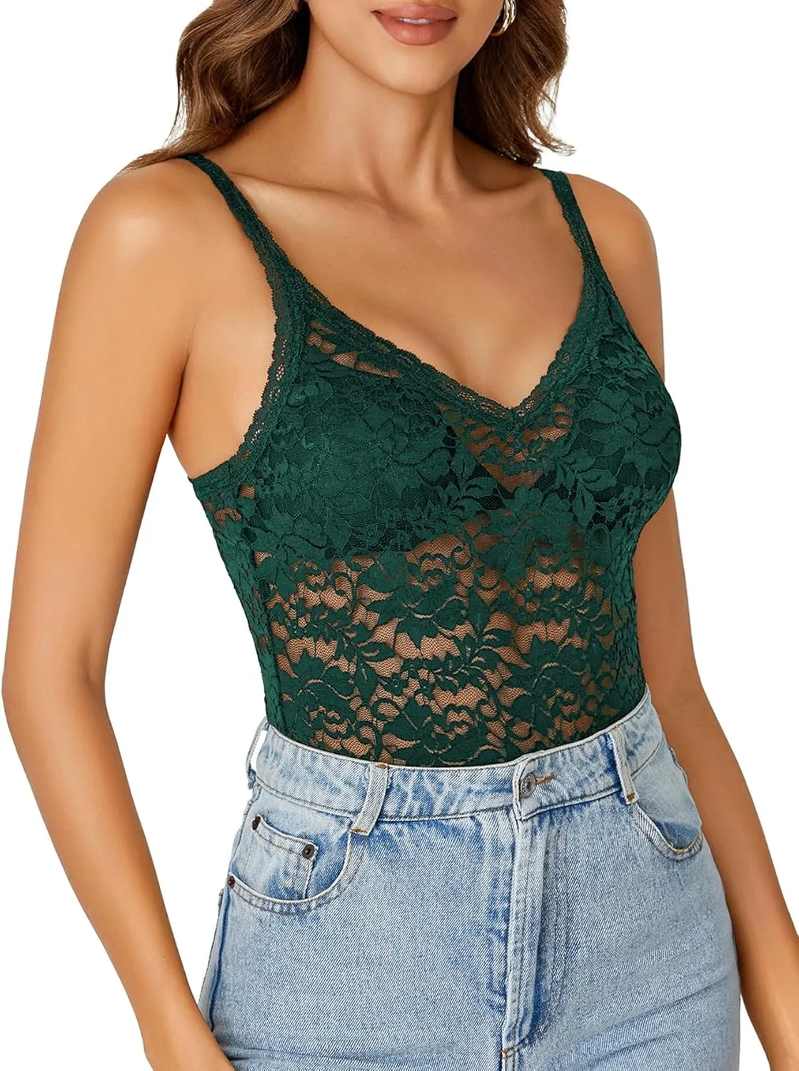 Rooscier Women's Floral Lace Sheer Sleeveless Strap See Through Slim Sexy Cami Tank Top Without Bra